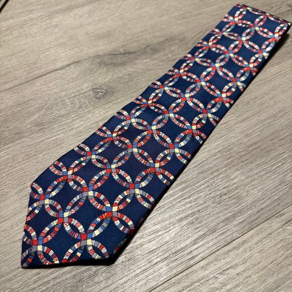 Vintage Silk Tie Quilt Ring Pattern Red Blue Geometric 100% Silk USA - Picture 1 of 8